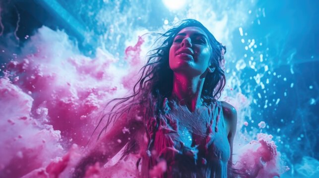 Foam party, happy woman dancing in neon colors in music club - Powered by Adobe