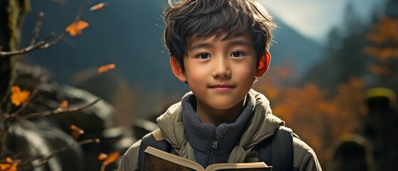 A Chinese boy smiles while carrying a book..