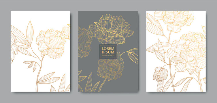 Vector set of luxury flower line pattern, golden background. Hand drawn plants, leaves, flowers for packaging, social media post, cover, banner, creative post and wall arts