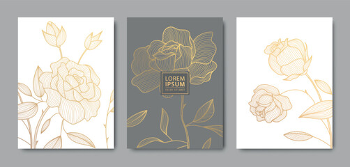 Vector set of luxury flower line pattern, golden background. Hand drawn plants, leaves, flowers for packaging, social media post, cover, banner, creative post and wall arts