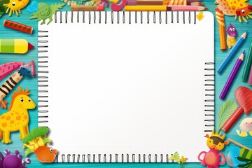 Fototapeta premium Colorful school supplies create a double border on lined paper background in this illustration