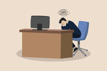 Naklejka na ściany i meble Failure or depression, stupidity, stress and anxiety on failure concept, frustrated businessman holding his head sitting alone in a work chair.