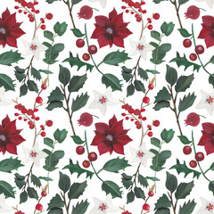Christmas seamless pattern with colorful handpainted botanical illustrations in red and green colors. Great for scrapbooking, fabric and textile design, digital background.