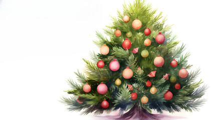 Watercolor Decorated christmas tree with balls isolated on white background