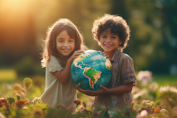 Fototapeta premium Children holding planet earth over defocused nature background. Earth day concept.