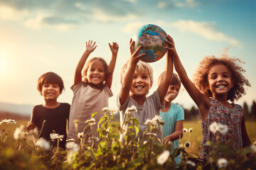 Children holding planet earth over defocused nature background. Earth day concept.