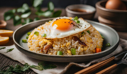 Fried rice with fried egg,thai food, photography close up shot in studio 