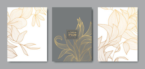 Vector set of luxury floral line pattern, golden background. Hand drawn plants, leaves for packaging, social media post, cover, banner, creative post and wall arts