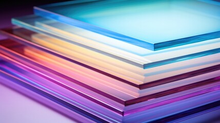 Tinted laminated glass sheets stack. Decorative colored window material sample