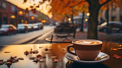coffee cup on a café table, overlooking a street with automobiles and changing leaves.. - obrazy, fototapety, plakaty