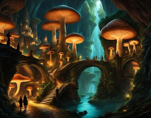 Otherworldly underground city in fantasy style with towering luminescent mushrooms illuminate the subterranean streets - obrazy, fototapety, plakaty
