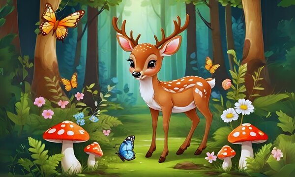 Cute baby deer in the fairy land forest full of mushrooms and flora, AI generative images, Cute animal wallpaper