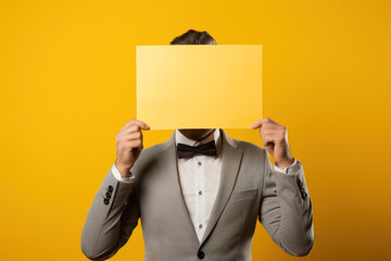 Businessman in suit holding a blank empty yellow paper on yellow background