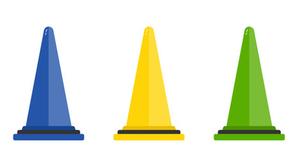 青、緑、黄色の三角コーン(カラーコーン、パイロン)のベクターイラストセット。