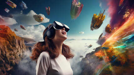 Excited woman in virtual reality headset is watching at amazing colorful world - obrazy, fototapety, plakaty