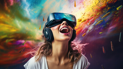 Excited woman in virtual reality headset is watching at amazing colorful world