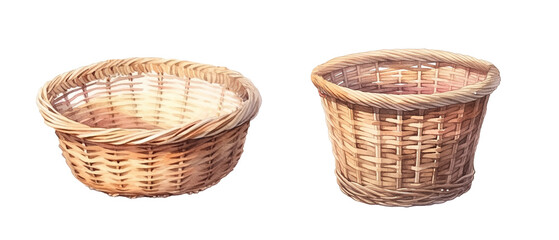 Empty wicker woooden basket. Watercolor Easter basket - 679555298