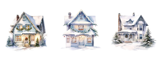 Watercolor cozy little house in winter scene, merry christmas postcard design - 679555621