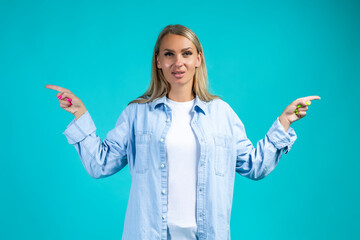 Lifestyle Concept. Winsome Positive Cheerful Young Woman Girl in Casual Blue Jeans Shirt Posing...