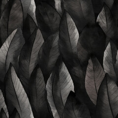 Seamless pattern with leaves. Monochrome watercolor background. Black background. Stock illustration.