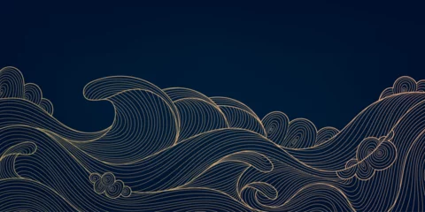 Rolgordijnen Vector wave japanese background. Gold sea, river, ocean wavy pattern, line banner, wall art, illustration. Luxury vintage abstract landscape. © marylia17