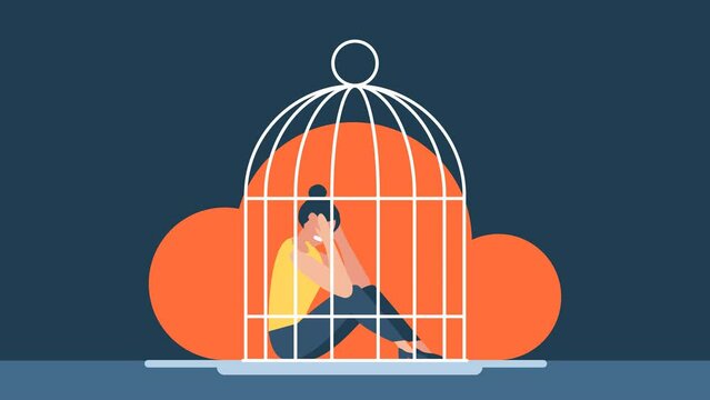 Woman locked in a cage. Sad woman in the cage. The sad girl needs psychological help. Female empowerment movement. Violence in the family. Girl in depression in jail and prison. 2d falt animation