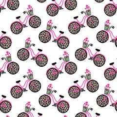 Cute colored bicycles and flowers seamless pattern.