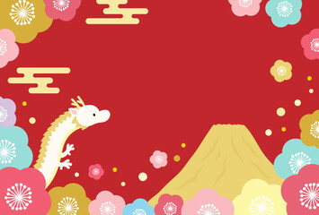 辰年の年賀状デザイン、龍と富士山と梅、背景赤