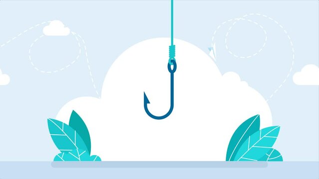 Fishing hook. A blue fisherman's hook on a blue fishing line descends from above and moves to the sides. Phishing on the Internet. Metal fishing hook on a line on a white background. 2d flat animation