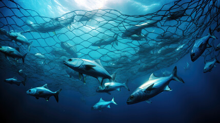 Underwater view of fishing net and school of fish