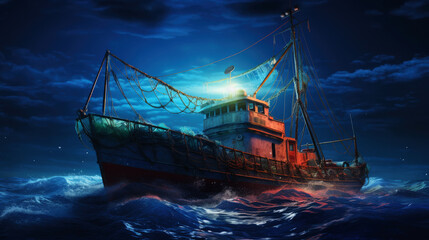 Fishing boat sails the ocean on a stormy night - obrazy, fototapety, plakaty