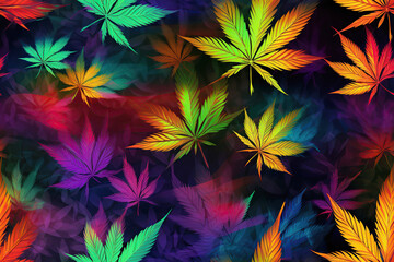 seamless texture pattern with cannabis marijuana leaves on bright psychedelic neon background - obrazy, fototapety, plakaty