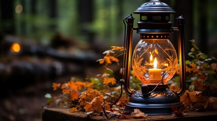 Lantern resting on a table amidst the woods.