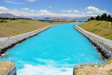 Milky blue of Pukaki  canal near New Zealand Highway State 8 in South Island, New Zealand