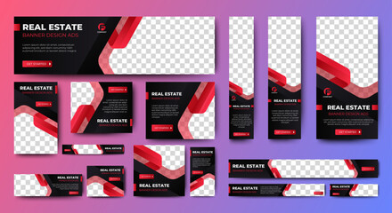 Real estate business web ad banner template with photo place. Modern layout black background and orange shape and text design