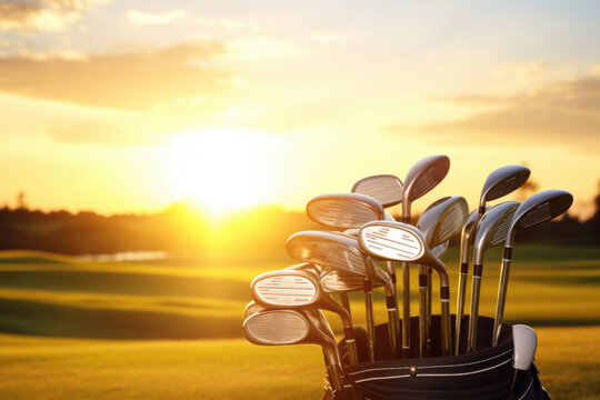 The Golf club bag for golfer training and play in game with golf course background , green tree sun rays.