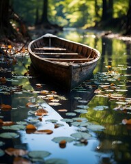 Fototapeta premium Ruderboot treibt auf einem Fluss / Boot Poster / Boot auf einem See / Ruderboot Wallpaper / Ai-Ki generiert
