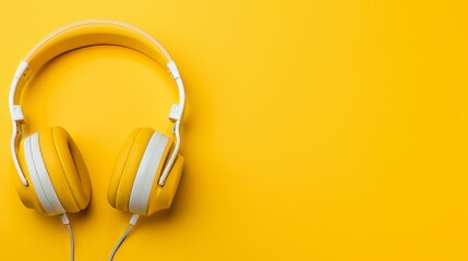 Headphones, keyboard and a cup of coffee in yellow on a yellow background. The concept of a stylish workplace. 