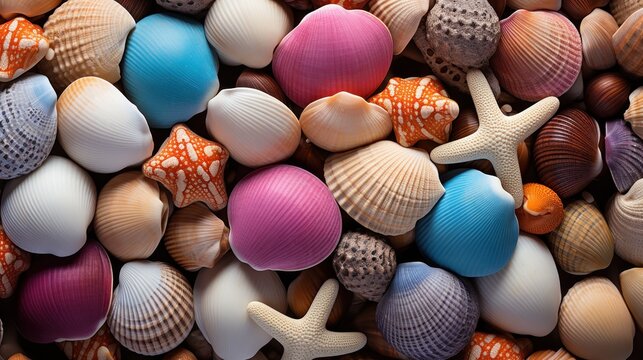Multicolored shells on a beach setting.