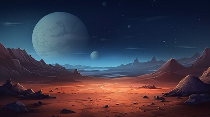 Mars surface, alien planet landscape. Night space game background with ground, mountains, stars,...