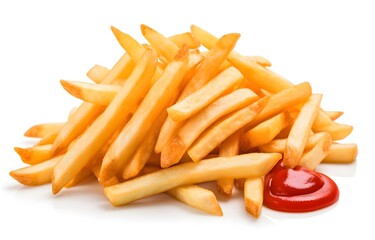 Wooden plate of delicious french fries with ketchup on white background - obrazy, fototapety, plakaty