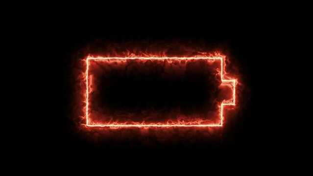 Glowing fire neon line Battery icon animated video. Lightning blinking fire bolt symbol