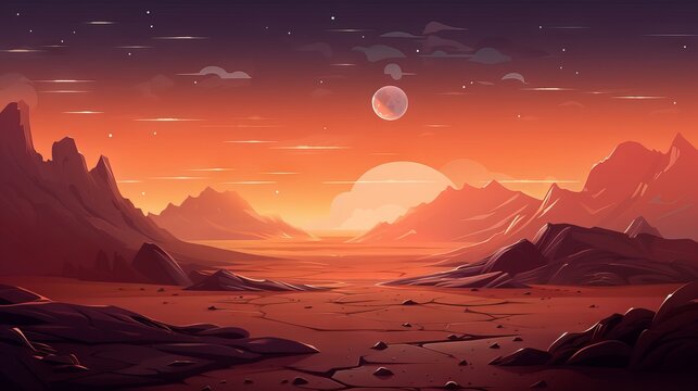 Mars surface, alien planet landscape. Night space game background with ground, mountains, stars, Saturn and Earth in sky. Vector cartoon fantastic illustration of cosmos and dark martian surface 