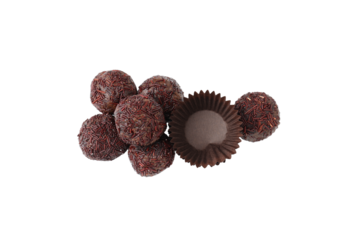 PNG, Brigadeiro chocolate candies and paper forms, isolated on white background, top view