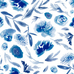 Watercolor floral motif in blue and white. Seamless hand-painted botanical pattern. - 679559205