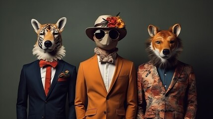 Photo set of men and women with animals head wearing vintage style clothes. Contemporary artwork....