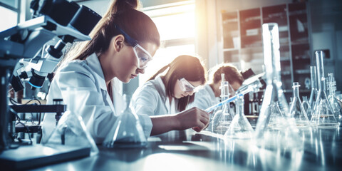 Biochemistry Students Working Together in University Laboratory - obrazy, fototapety, plakaty