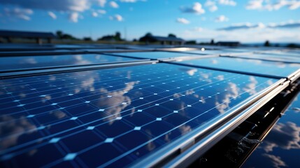 Renewable energy captured by solar panels under a clear sky.
