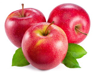 Ripe red apples with green leaves isolated on white background.