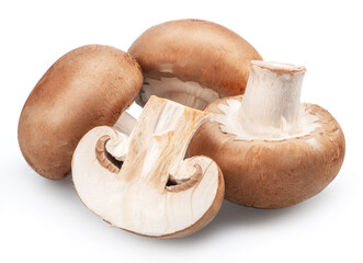 Ripe royal champignon mushrooms with slices of champignons  on a white background.